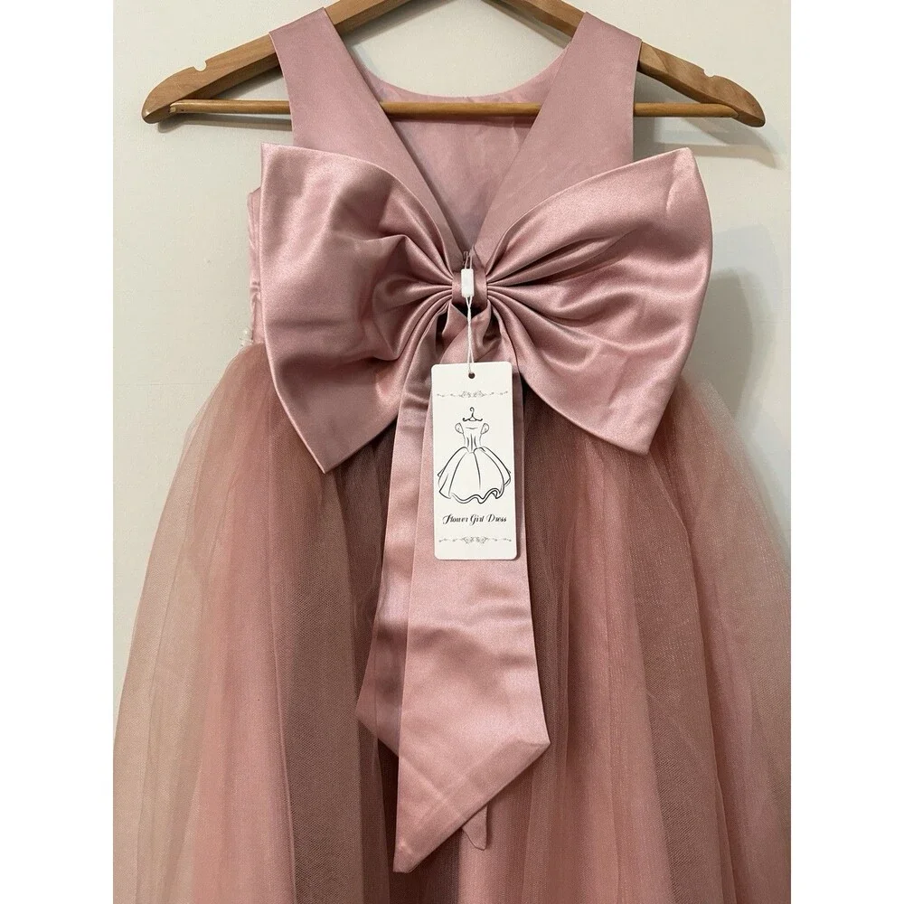 Girls Size 6 Formal Dress -Sleeveless Pink Silk & Tulle Dress w/ Bow On Back NWT